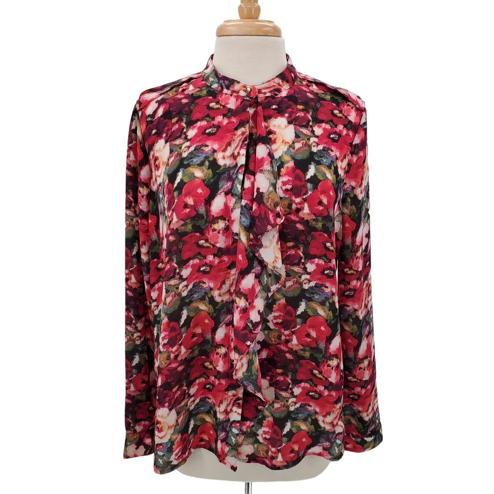 Forever 21 Womens L Multicolor Floral Ruffle Button Up Long Sleeve Career Blouse